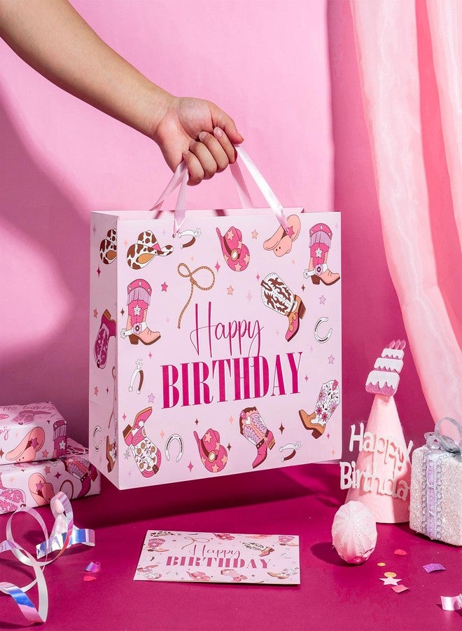 LeZakaa 13" Western Birthday Gift Bag for Kids Girls, Happy Birthday Cowgirl Hats Boots Lassos Horseshoes Stars Design, Tissue Paper, Greeting Card, 13" x 10" x 5", 1 Pcs - Image 3